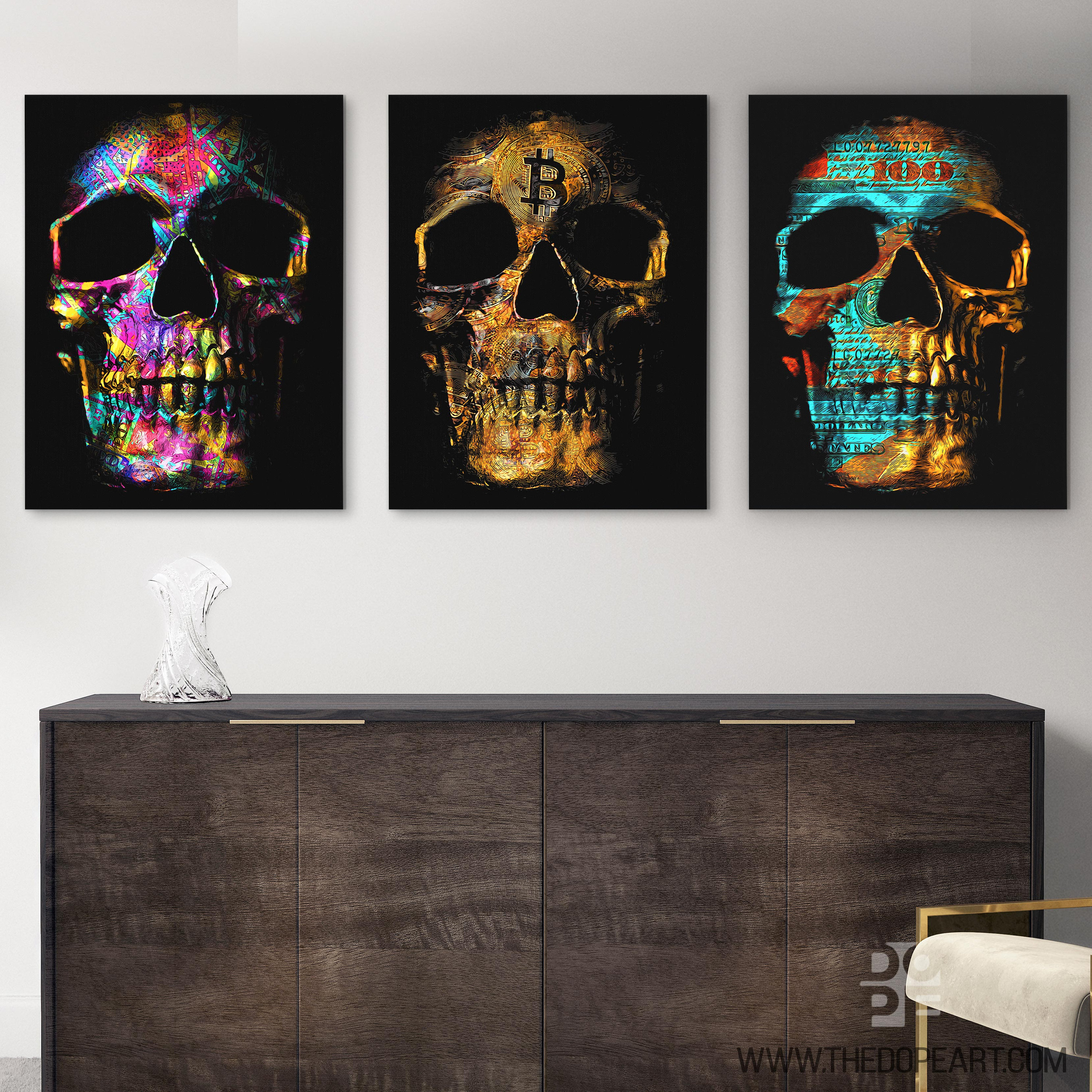 Skull Wall Art Set - Crypto Money Canvas Print, 3 Piece Dark Art