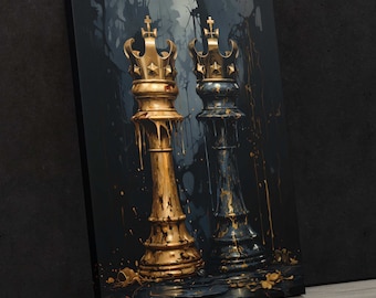Imperial Pair - Black & Gold Chess Art, Canvas Print, King Chess Pieces, Kitchen Decor, Bathroom Wall Art