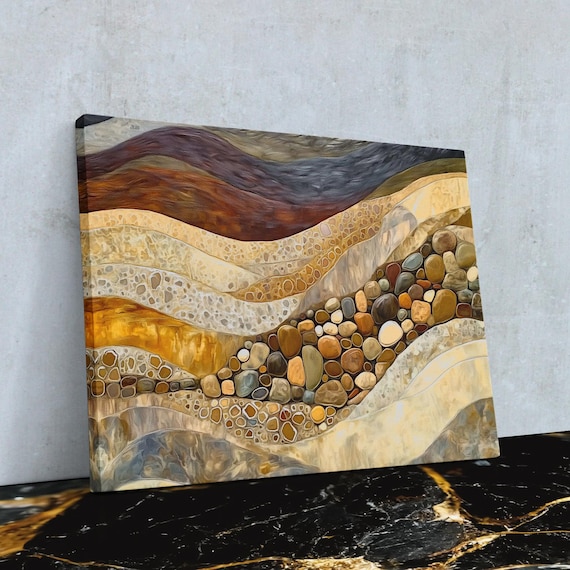Earthy River Rock Wall Art, Abstract Nature Canvas Print, Neutral Stone Texture Home Decor