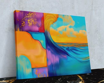 Impresión de olas oceánicas coloridas, arte playero vibrante, lienzo costero con puesta de sol