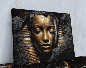 Egyptian Pharaoh Queen, Gold Queen Art: Minimalist Black & Gold Abstract Canvas for Living Room