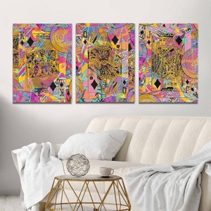 Conjunto de arte em tela Royal Flush in Diamonds - Rei, Rainha, Valete de Diamantes Impressões de parede, Decoração de cartas de jogar