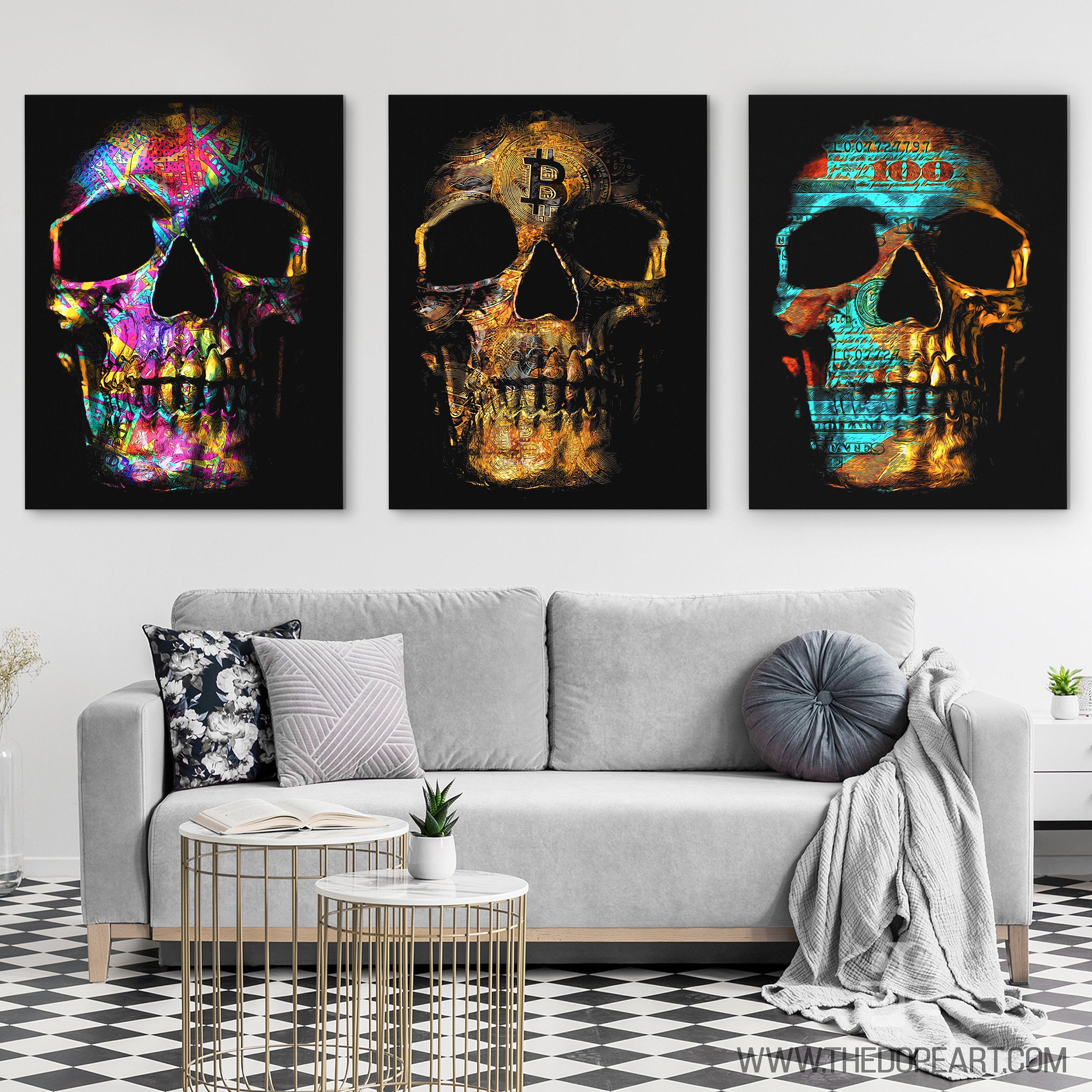 Skull Wall Art Set - Crypto Money Canvas Print, 3 Piece Dark Art