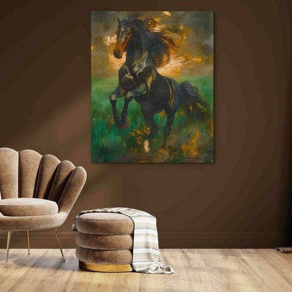 Emerald Gallop Horse Canvas Art - Dynamic Motion Equine Print, Stallion in Stride Wall Art