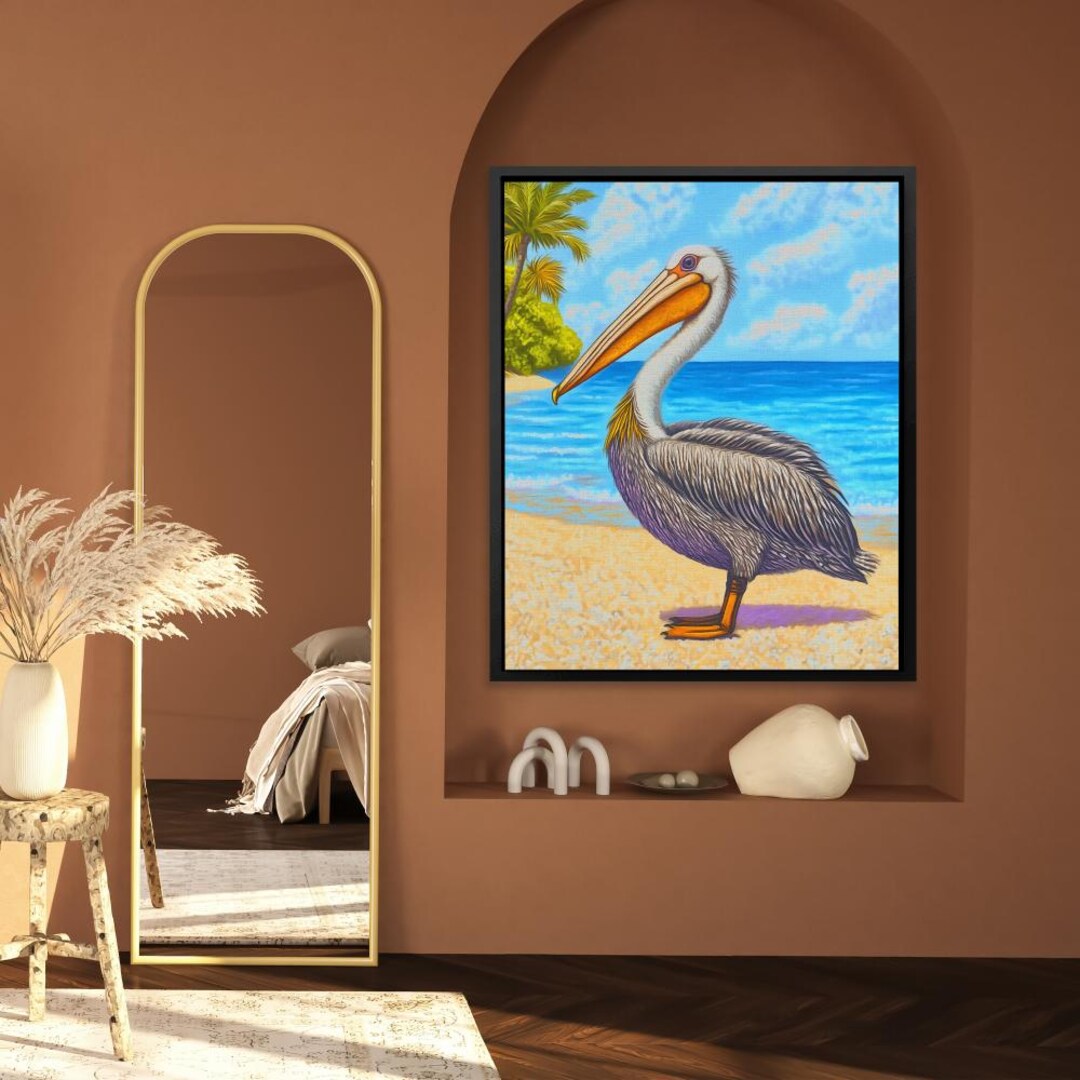 Beachside Pelican Art Print, Tropical Ocean Bird Wall Art, Coastal ...