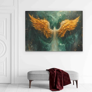 Gold Phoenix Wings Wall Art | Mythical Bird Canvas Decor | Vibrant Golden Decor