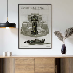 Puede incluir: Un póster en blanco y negro con un dibujo técnico de un coche de carreras Mercedes-AMG F1 W14 E. El póster tiene el texto "Mercedes-AMG F1 W14 E" y "2023" en la parte superior.