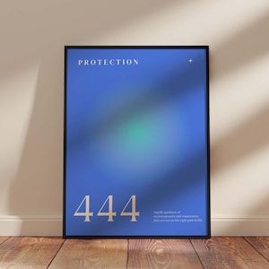 May include: A framed poster with a blue gradient background and the word "PROTECTION" at the top. The number "444" is displayed in a light color at the bottom, with text below. The poster is leaning against a white wall on a wooden floor.
