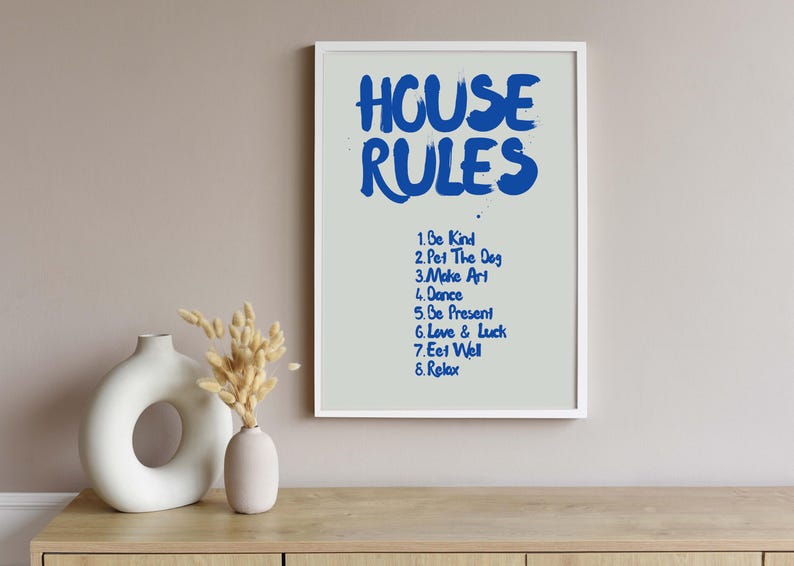 House Rules Art Handwriting Quote Print, Blue Quote Aesthetic Print