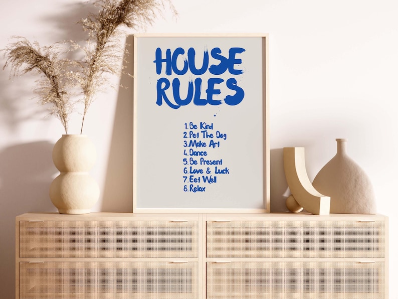 House Rules Art Handwriting Quote Print, Blue Quote Aesthetic Print