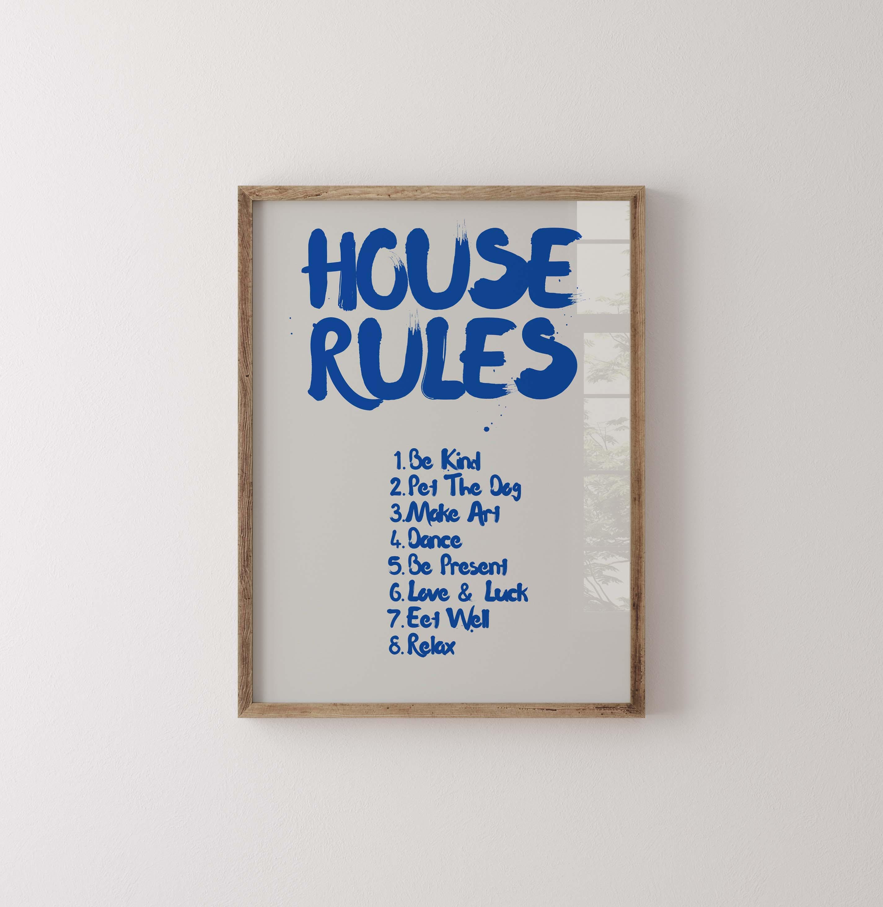 House Rules Art Handwriting Quote Print, Blue Quote Aesthetic Print Digital Download, Trendy Wall Art Dorm House Apartment Decor