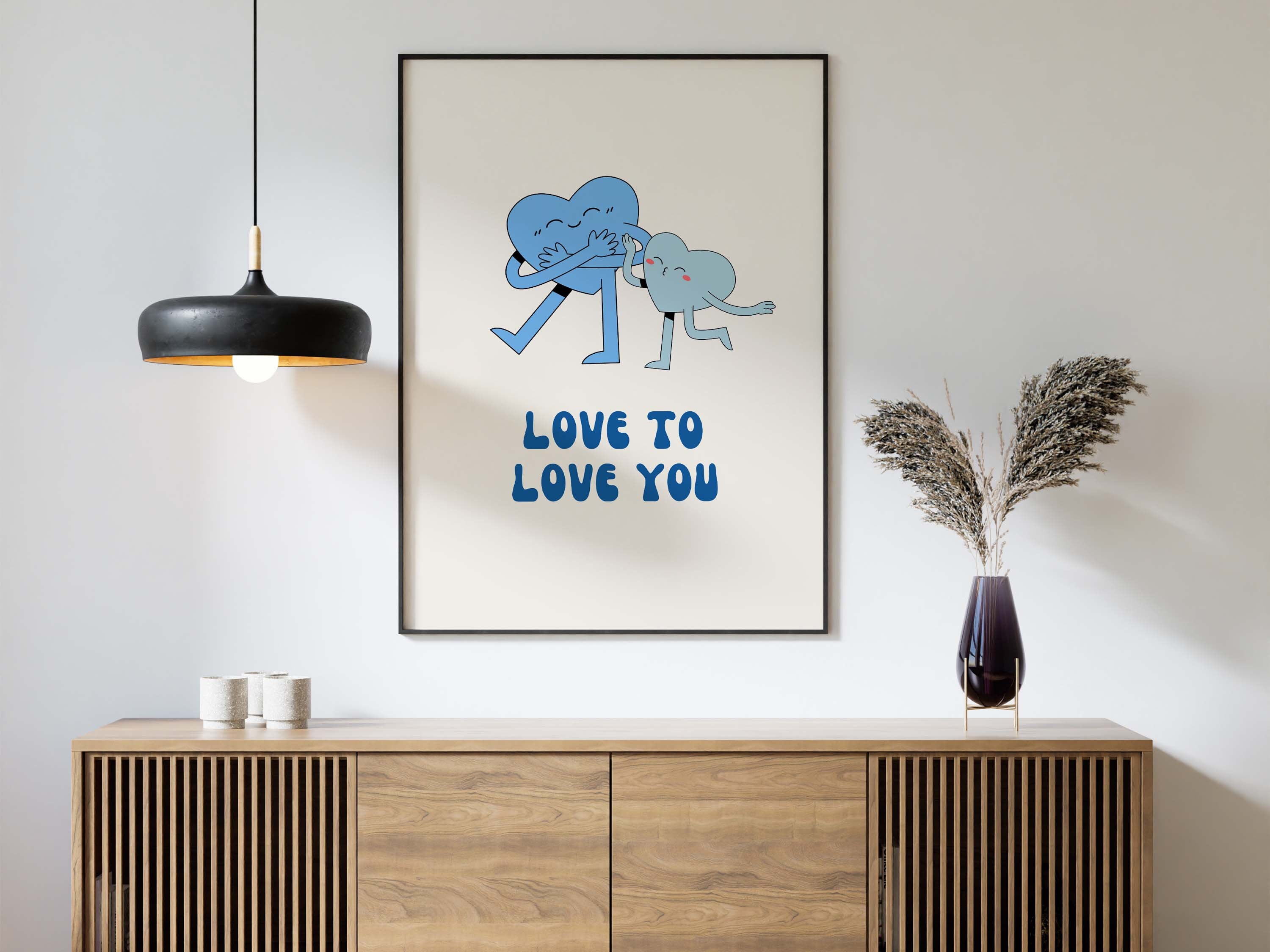 Heart Cartoon Love to Love You Wall Art, Retro Heart Cartoon Print, Digital Download, Trendy/Aesthetic/Blue Love Instant Download Poster