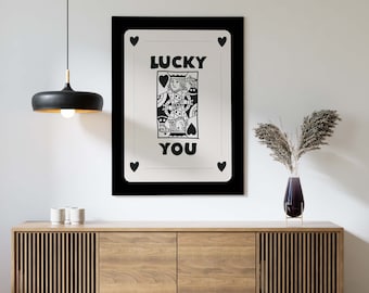 Lucky You Queen of Hearts Card Art Print - Retro Wall Decor (Digital Download)