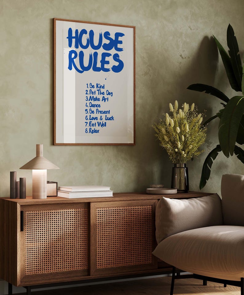 House Rules Art Handwriting Quote Print, Blue Quote Aesthetic Print