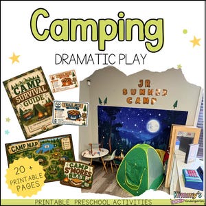 Pacote de atividades de faz de conta para acampamento na pré-escola | Materiais imprimíveis para brincadeiras de faz de conta em acampamento de verão