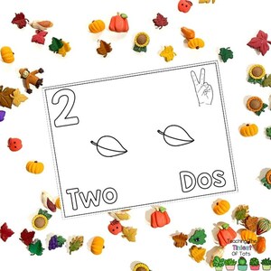 May include: A rectangular educational card featuring the number 2, a hand showing a peace sign, two leaf outlines, and the words Two and Dos, surrounded by small autumn-themed resin charms including pumpkins, sunflowers, and colorful leaves.