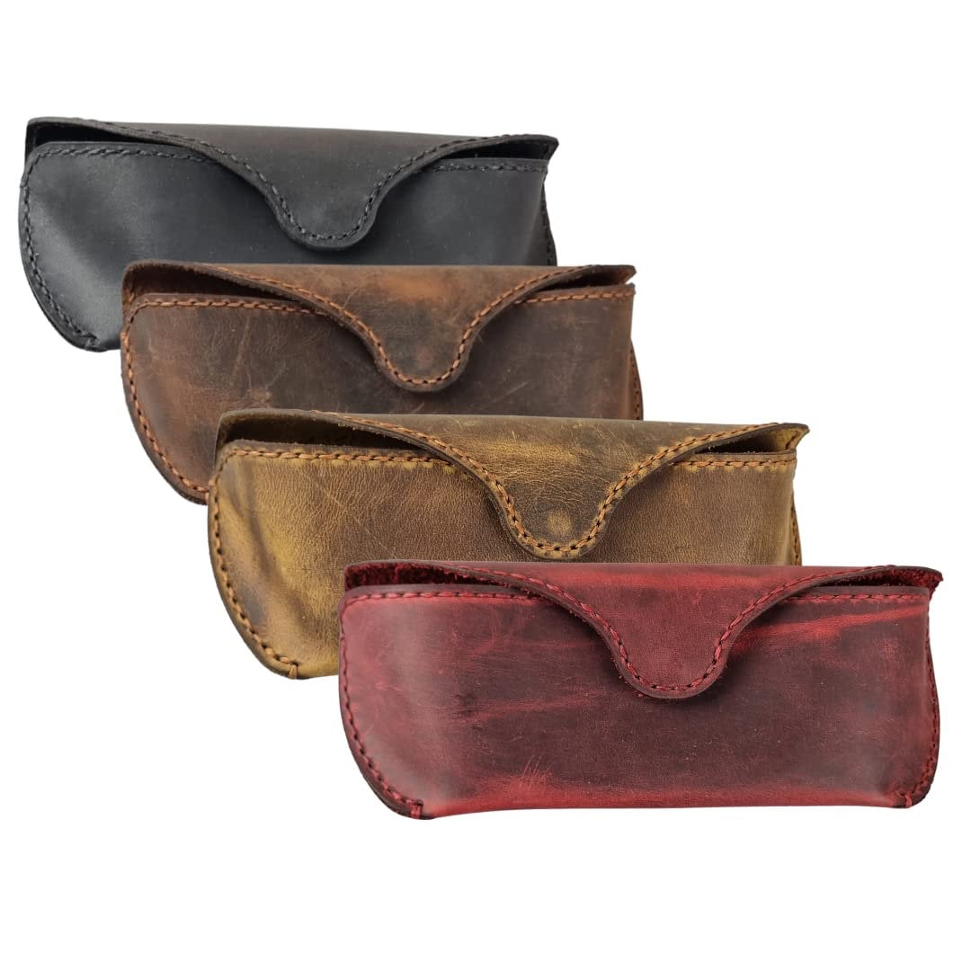 Soft Leather Glasses Case Personalized Custom Genuine Dark Brown Black Old Rose Red Green