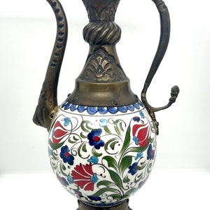 Kutahya Ibrik Turkish Porcelain Pitcher Ewer Ceramic Brass Ottoman Style 37 x 21cm Interior Design Patina Middle Eastern