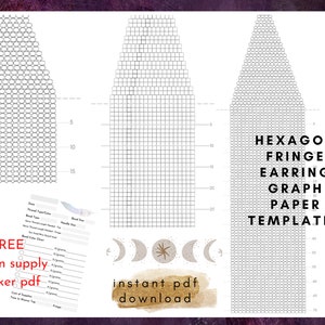 May include: Free printable hexagon fringe earring graph paper templates. The image shows three different sized graph paper templates with a black grid. The text "HEXAGON FRINGE EARRING GRAPH PAPER TEMPLATES" is in black text on a white background.
