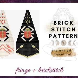 May include: A digital download pattern for beaded earrings featuring a beetle design. The pattern is for brick stitch and fringe. The pattern is shown in two colorways: black and white, and beige and red.