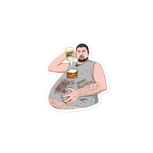 Internet cult celebrity KING ASS RIPPER burger and mayonnaise feast funny sticker gross glutton fat slob food (hog version)