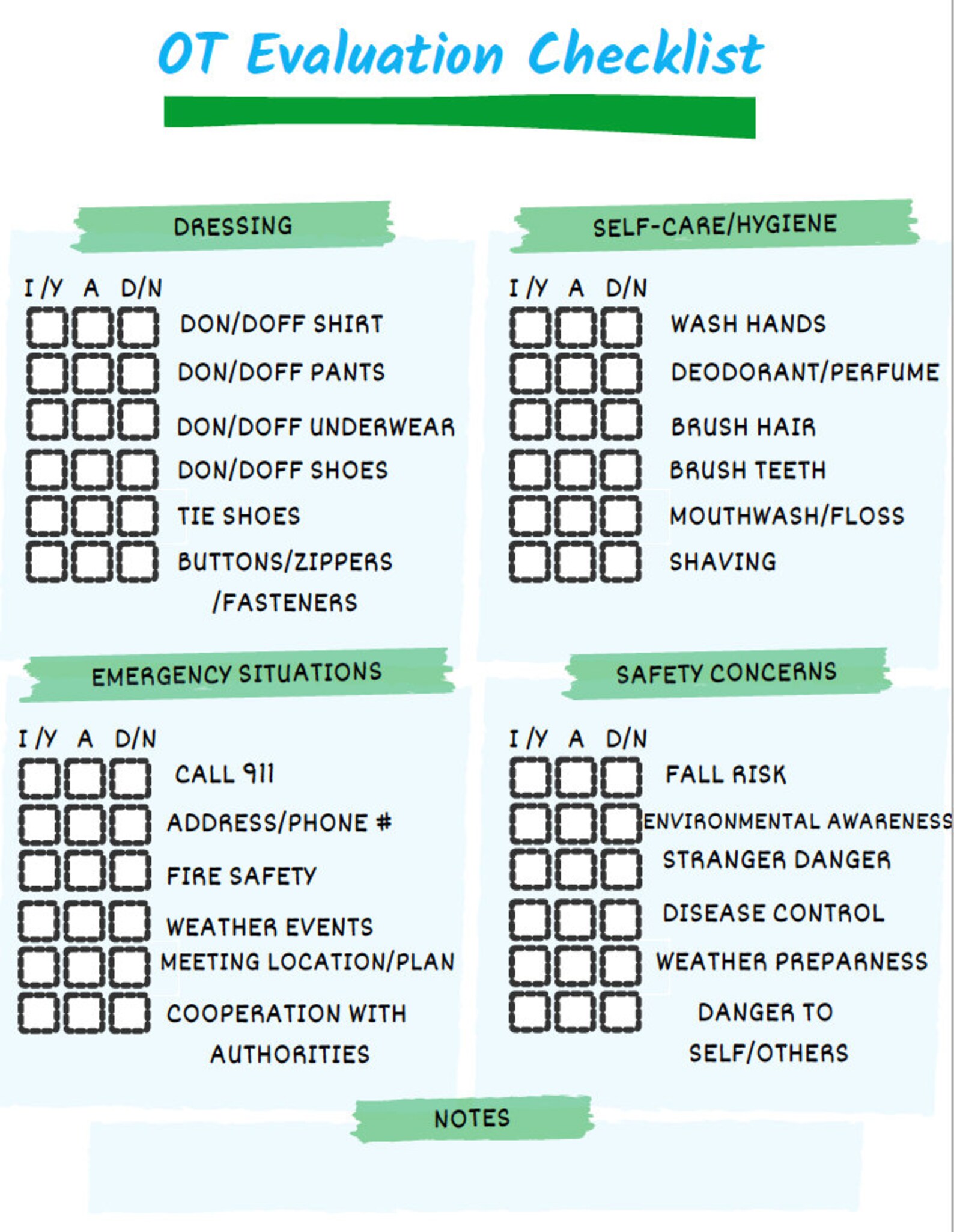 Occupational Therapy Outpatient Evaluation Checklist Etsy