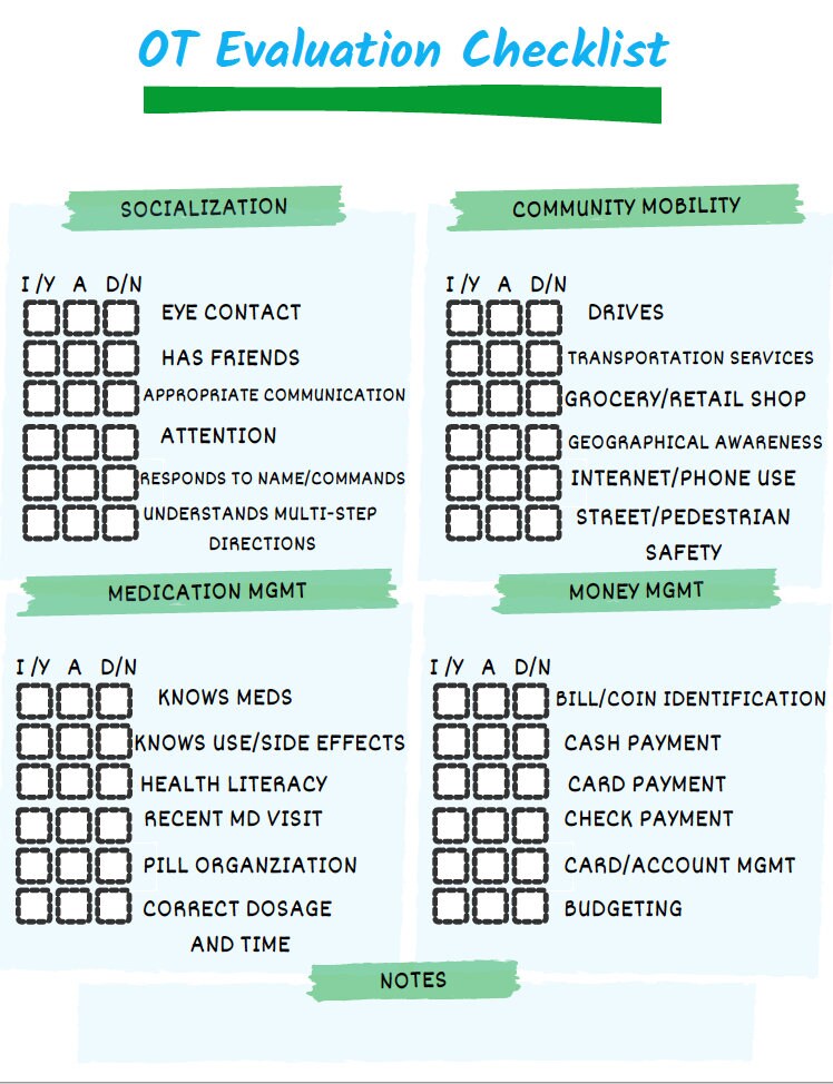 Occupational Therapy Outpatient Evaluation Checklist Etsy