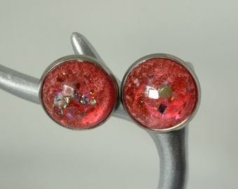 Cabochon Ohrstecker lachs mit Glitzer