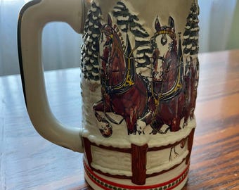 Vintage Budweiser Beer Stein Ceramarte Holiday Covered Bridge Clydesdales 1980s