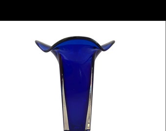 Vase fin artistique vintage en verre bleu cobalt