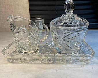 Vintage Anchor Hocking EAPC Star of David Clear Glass Cream/Sugar Set w/ Tray