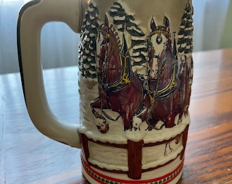 Vintage Budweiser Bierkrug Ceramarte Urlaub Covered Bridge Clydesdales 1980er Jahre