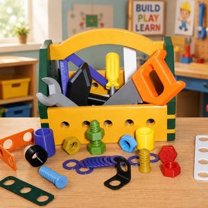 May include: A wooden toy toolbox in yellow and green containing a plastic saw, screwdriver, and wrench. Scattered in front are various colourful plastic construction pieces including bolts, nuts, washers, and flat connector strips in assorted colours.