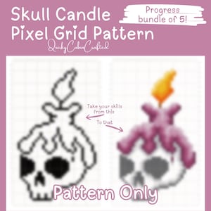 Op de afbeelding: Een pixelrasterpatroon voor een schedelkaars. De afbeelding toont een voorbeeld van voor en na het patroon, met de tekst "Take your skills from this to that". De tekst "Pattern Only" is ook opgenomen.