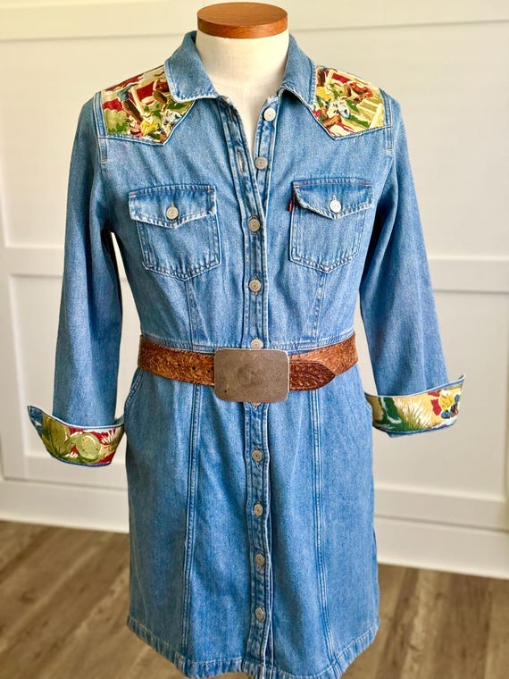 Long Sleeve Denim Vintage Western Barkcloth Dress