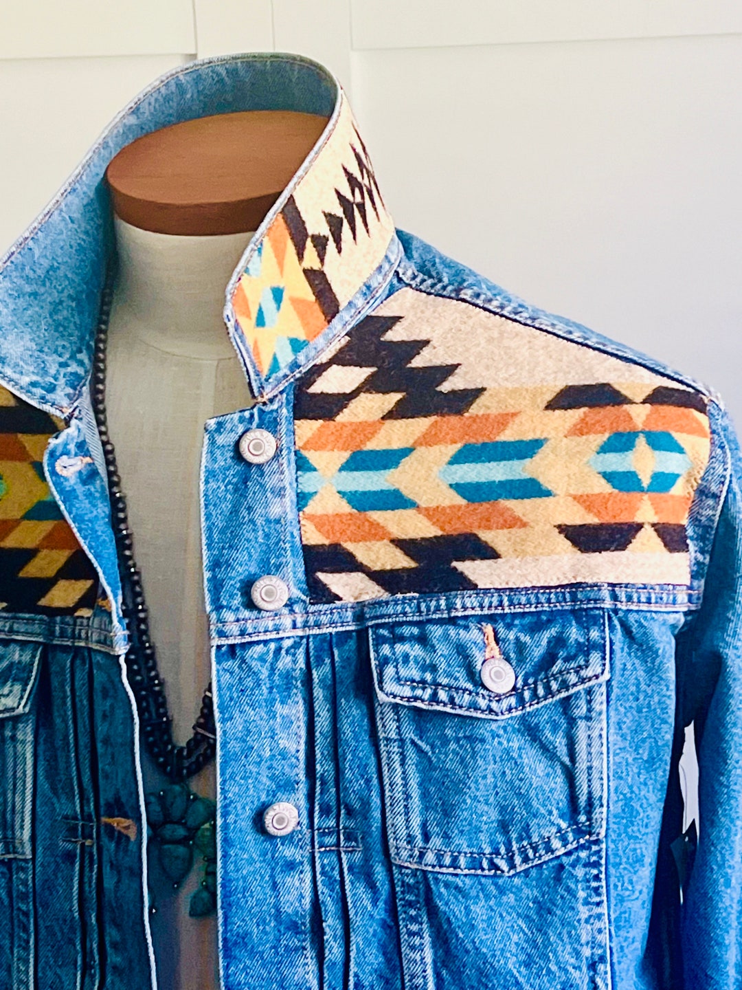 Curated visual reference: Vintage Style Southwestern Aztec Denim Jacket Photo Inspiration