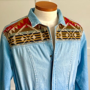 Plus Size Southwestern Aztec Denim Zip up Dress Jacket