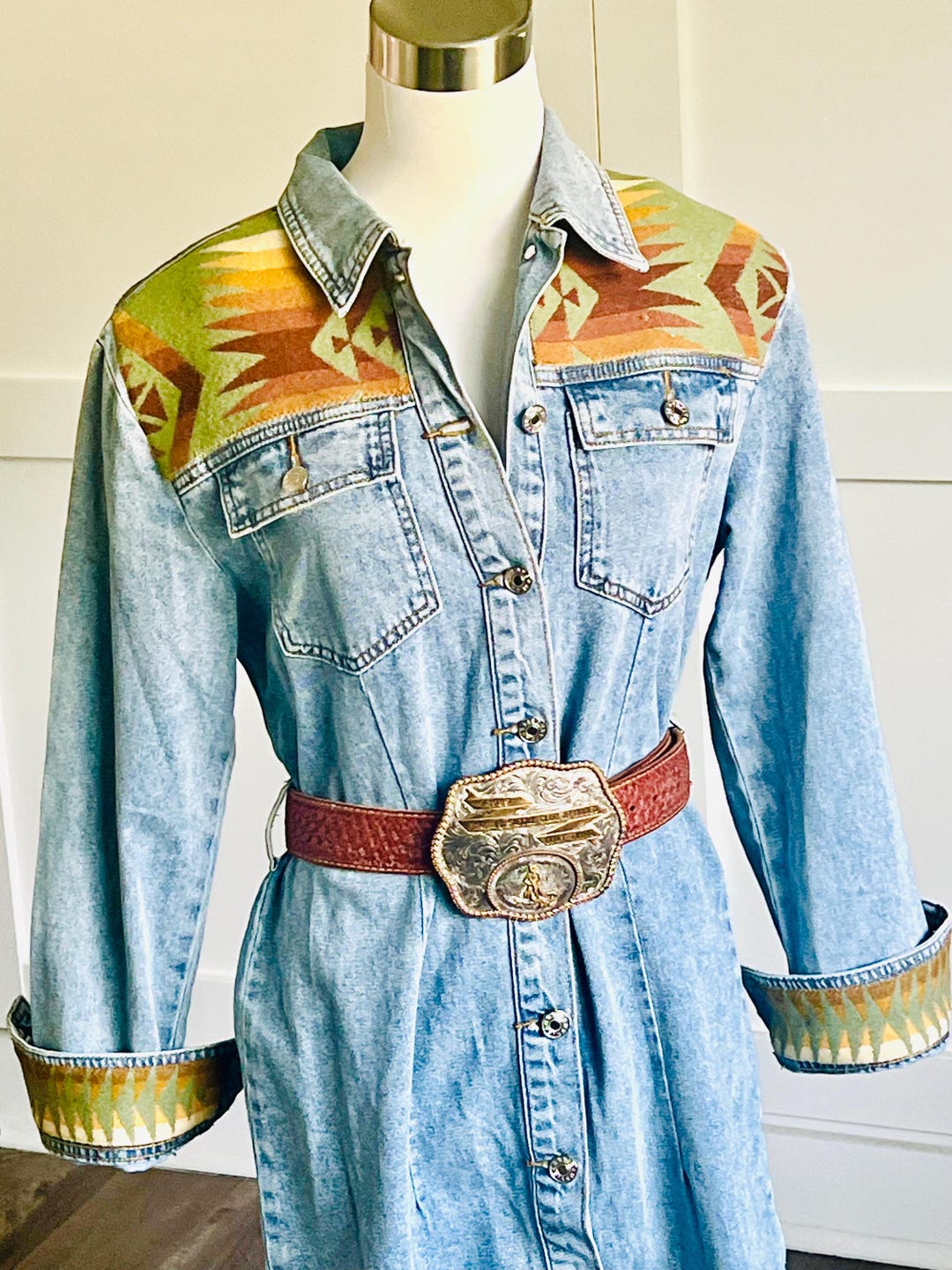 Western Denim Southwestern Button up Shirt Dress - Etsy