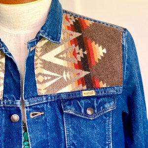 Sunrise Aztec Denim Jean Jacket With Leather Blue Yellow 