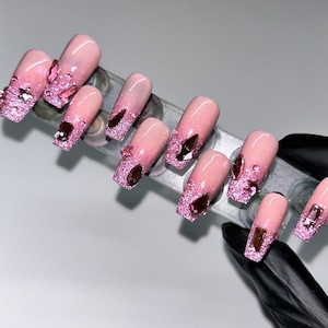 Pink reflective glitter handmade press on nails Nails, Y2k Nails, summer nails, rhinestone nails