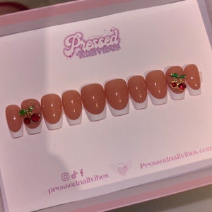 White French tips with nail charms press on stick on nails short medium long XL Choose your color