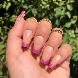 Pink chrome French tip press on stick on nails short medium long XL