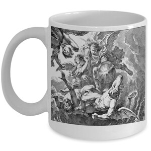 May include: Black and white illustration of angels battling a fallen angel with wings. The angels are holding swords and shields. The fallen angel is being thrown from the sky.