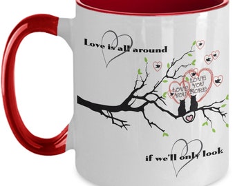 Cat Lovers Two-Tone Coffee Mug, Love Is All Around, Valentine's Day Gift