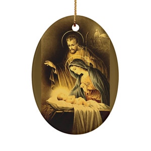Nativity Scene Christmas Ornament, Beautiful Picture, Jesus Mary Joseph Holy Ghost, Stable in Bethlehem, Traditional Catholic Nativity Image