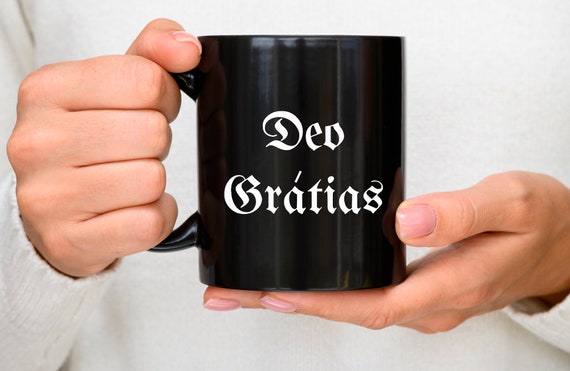 Deo Gratias Black Coffee Mug | Thanks Be to God Prayer Gift | Traditional Catholic Cup | Christian Present | Priest Nun Hot Chocolate Mug