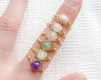 Gold Crystal Bead Rings | aquamarine, amethyst, aventurine, rose quartz, moonstone, healing rings, gift for her, gemstone ring, crystals