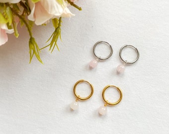 Rose Quartz Earrings | 16mm gold silver hoop earrings, pink gemstone crystal huggies, detachable charm earrings, handmade gift for her