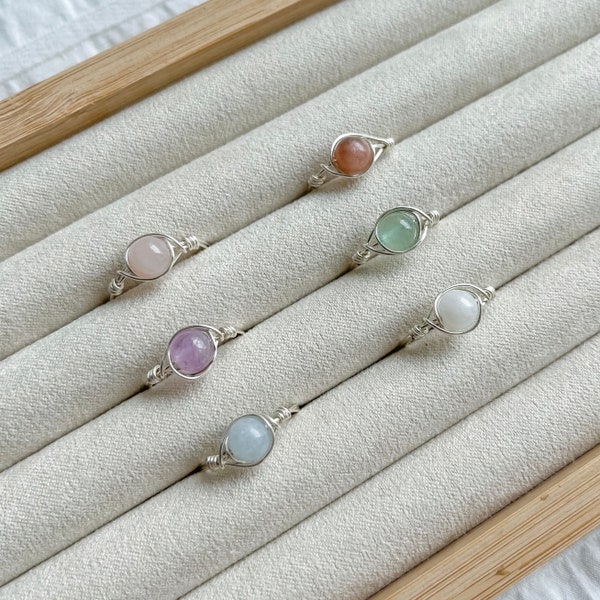 Crystal Bead Rings | aquamarine, amethyst, aventurine, rose quartz, moonstone, healing rings, gift for her, gemstone ring, crystals