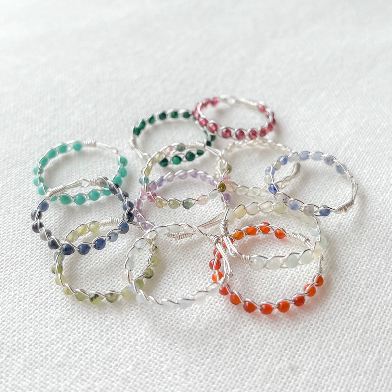 Dainty Gemstone Braided Wire Rings aventurine, rose quartz rings, crystal rings for her, gift for her, sterling silver plated, birthstone image 7
